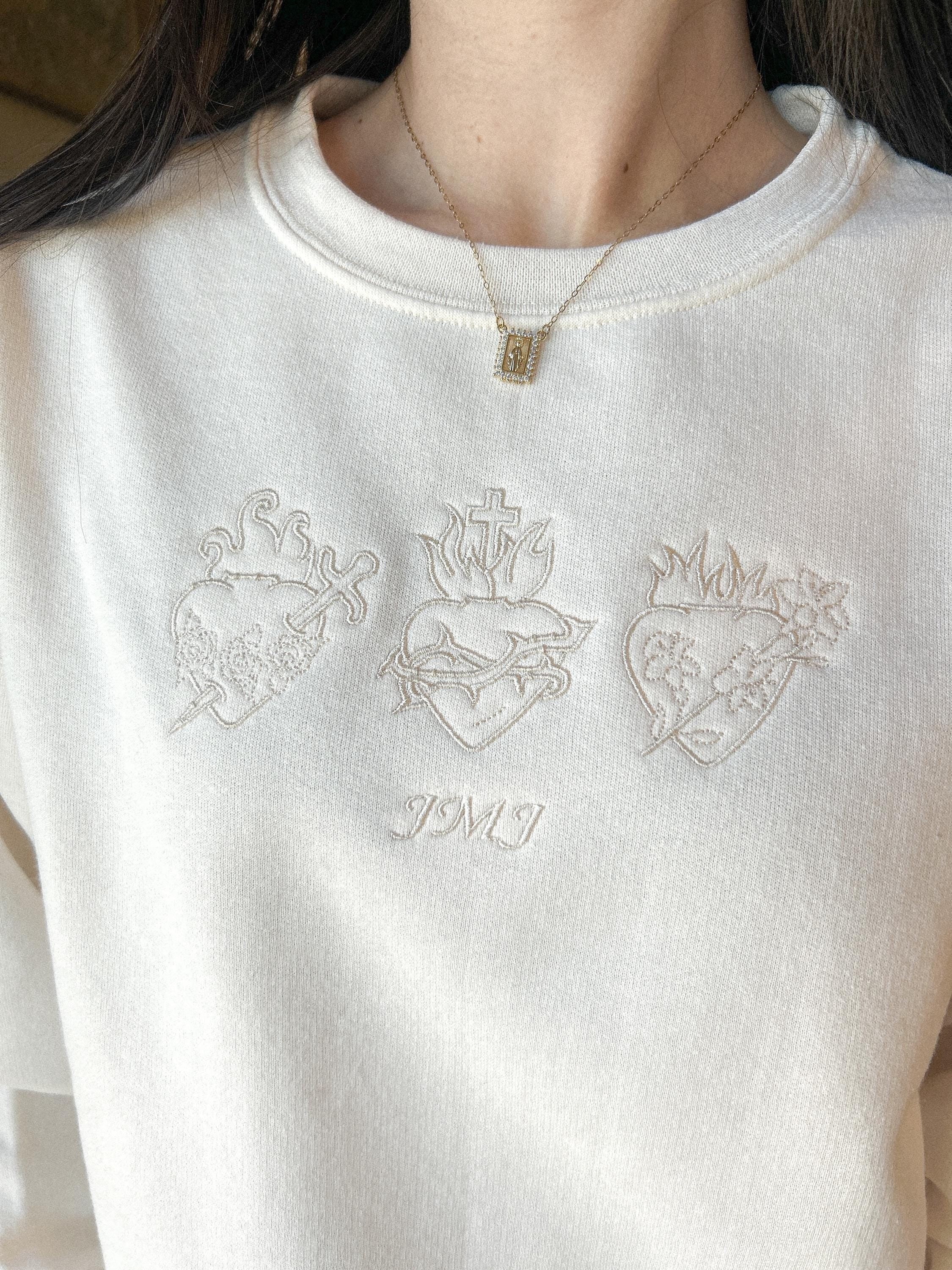 Holy Family Hearts Embroidered Sweatshirt, Sacred Heart of Jesus Embroidered Sweater, Christmas Gifts, Most Chaste Heart, Catholic Gift, Christian Apparel